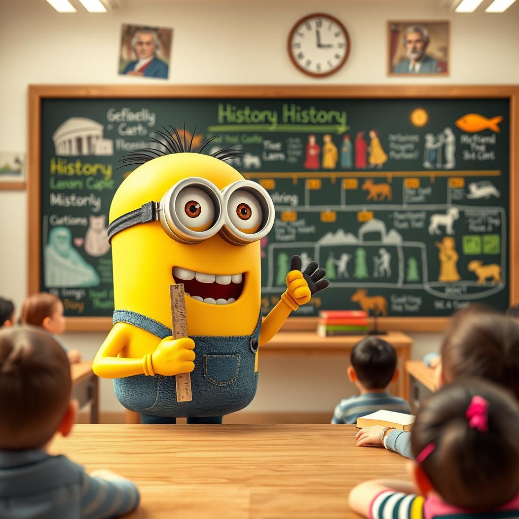 A lively yellow Minion character teaching history in a vibrant classroom