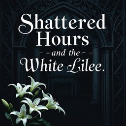 A captivating book cover for 'Shattered Hours and the White Lilies', featuring an intricate dark historical background that evokes a sense of mystery and depth