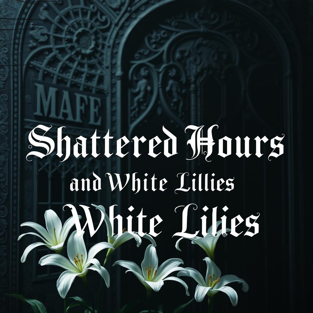 A captivating book cover for 'Shattered Hours and the White Lilies', featuring an intricate dark historical background that evokes a sense of mystery and depth