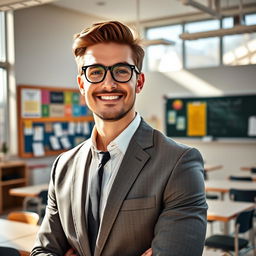 A handsome and successful male teacher standing confidently in a modern classroom
