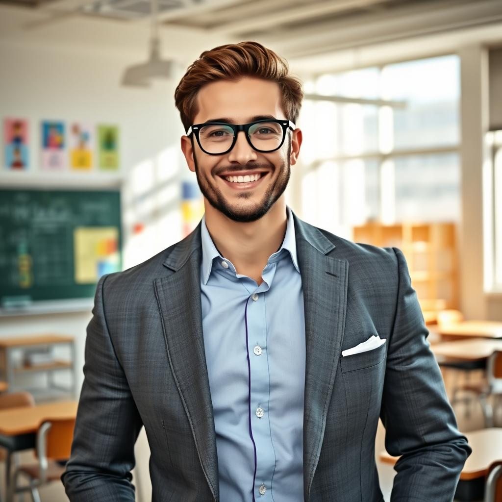 A handsome and successful male teacher standing confidently in a modern classroom