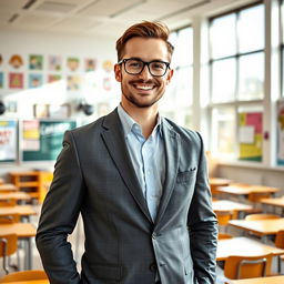 A handsome and successful male teacher standing confidently in a modern classroom