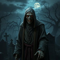 A zombie cleric dressed in traditional religious attire, with tattered robes and a sinister expression