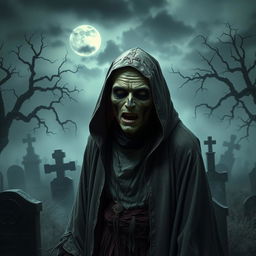 A zombie cleric dressed in traditional religious attire, with tattered robes and a sinister expression
