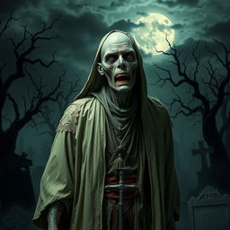 A zombie cleric dressed in traditional religious attire, with tattered robes and a sinister expression