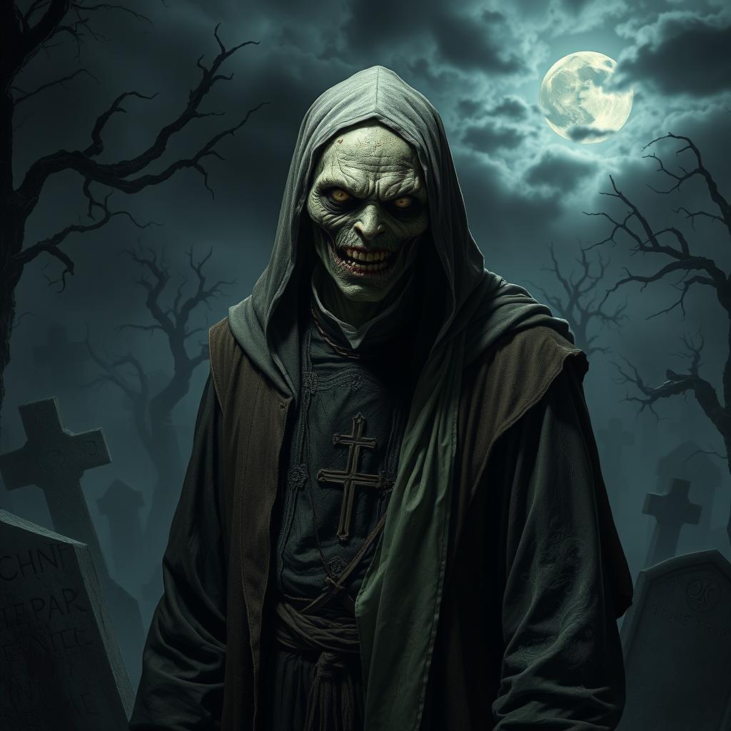 A zombie cleric dressed in traditional religious attire, with tattered robes and a sinister expression