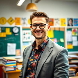 A handsome, successful male teacher in a modern classroom