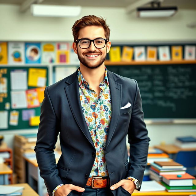 A handsome, successful male teacher in a modern classroom