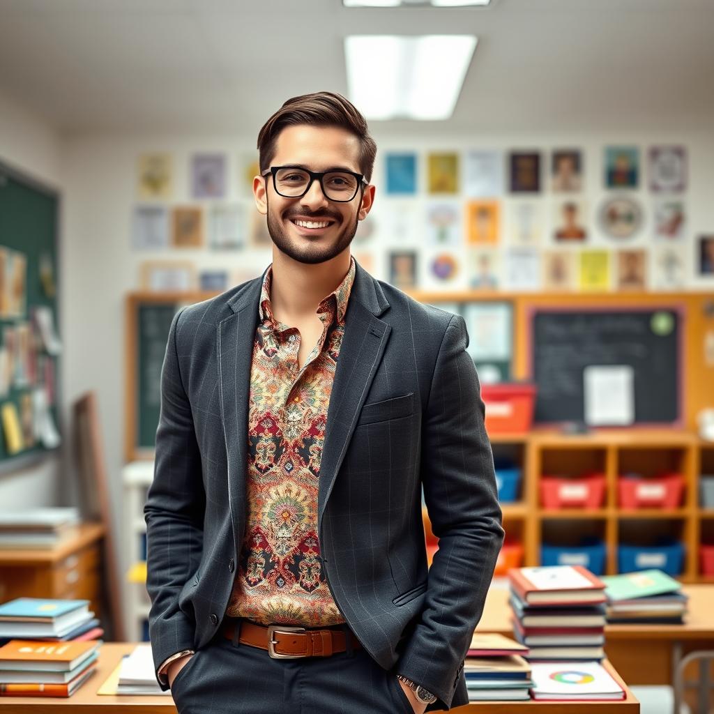 A handsome, successful male teacher in a modern classroom