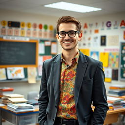 A handsome, successful male teacher in a modern classroom