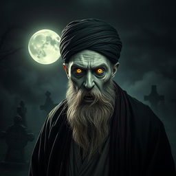 A terrifying yet intriguing scene featuring an Iranian Muslim cleric depicted as a zombie