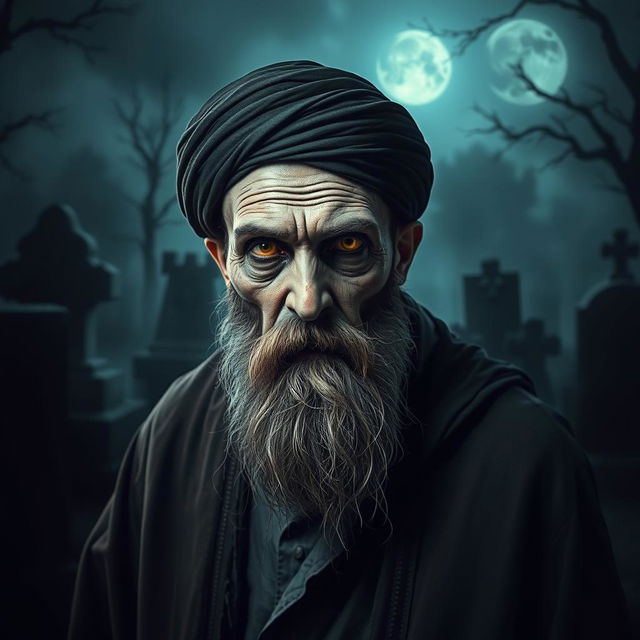 A terrifying yet intriguing scene featuring an Iranian Muslim cleric depicted as a zombie