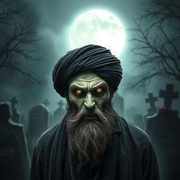 A terrifying yet intriguing scene featuring an Iranian Muslim cleric depicted as a zombie