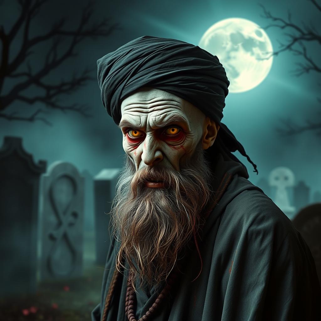 A terrifying yet intriguing scene featuring an Iranian Muslim cleric depicted as a zombie