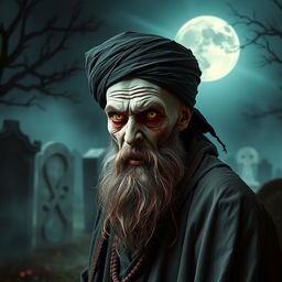 A terrifying yet intriguing scene featuring an Iranian Muslim cleric depicted as a zombie