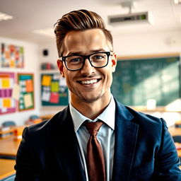 A handsome, successful male teacher standing confidently in a bright and modern classroom