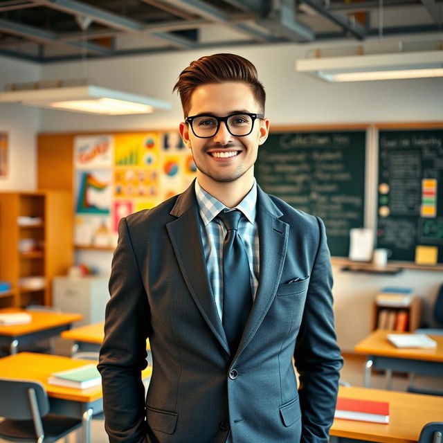 A handsome, successful male teacher standing confidently in a bright and modern classroom