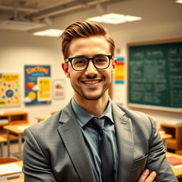 A handsome, successful male teacher standing confidently in a bright and modern classroom