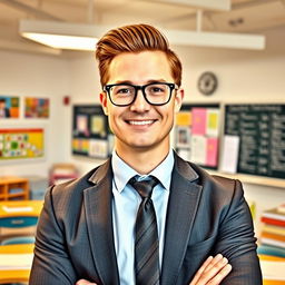 A handsome, successful male teacher standing confidently in a bright and modern classroom