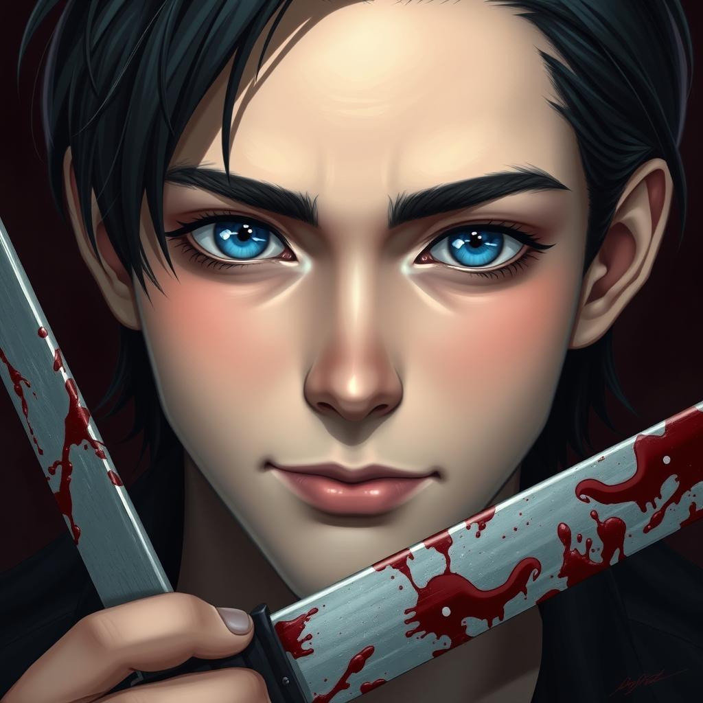 A stunning portrait of a beautiful young man with expressive big blue eyes and a perfect face