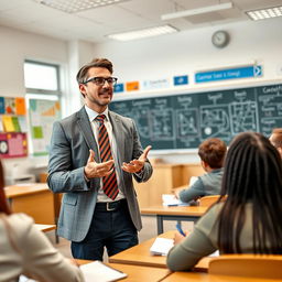 A handsome, successful male teacher engagingly teaching a class in a bright, modern classroom