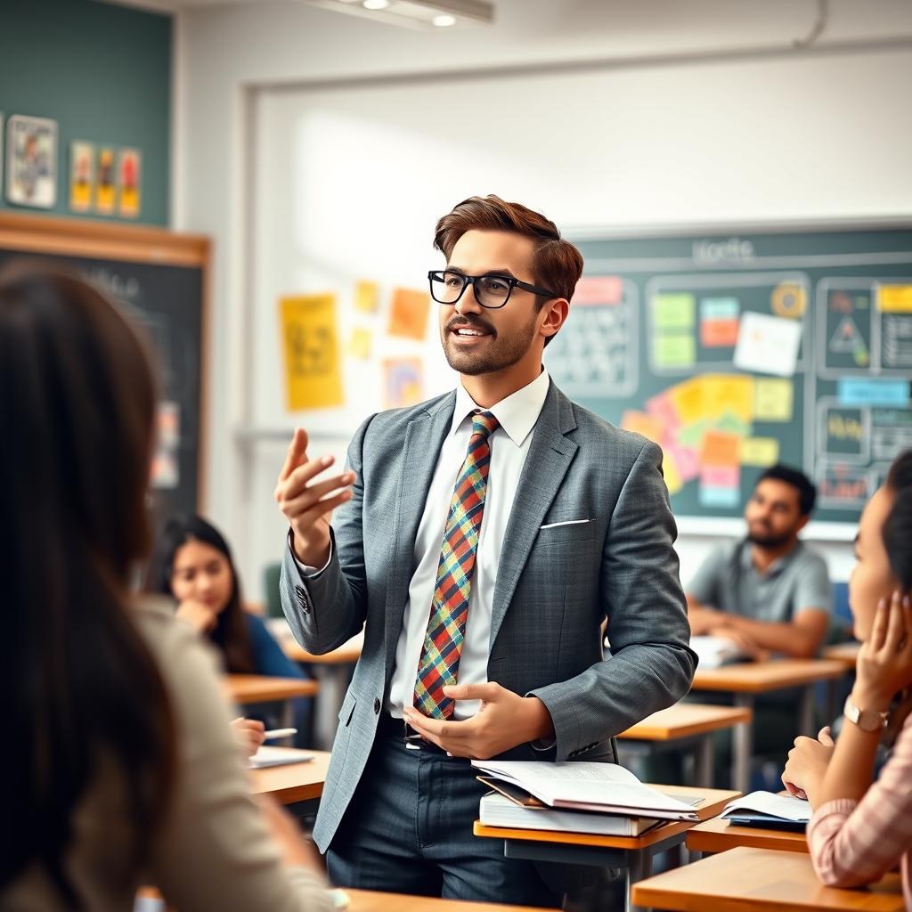 A handsome, successful male teacher engagingly teaching a class in a bright, modern classroom