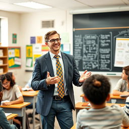 A handsome, successful male teacher engagingly teaching a class in a bright, modern classroom