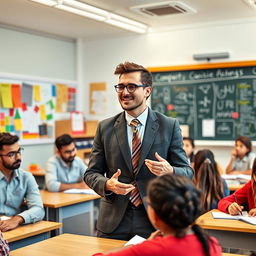 A handsome, successful male teacher engagingly teaching a class in a bright, modern classroom