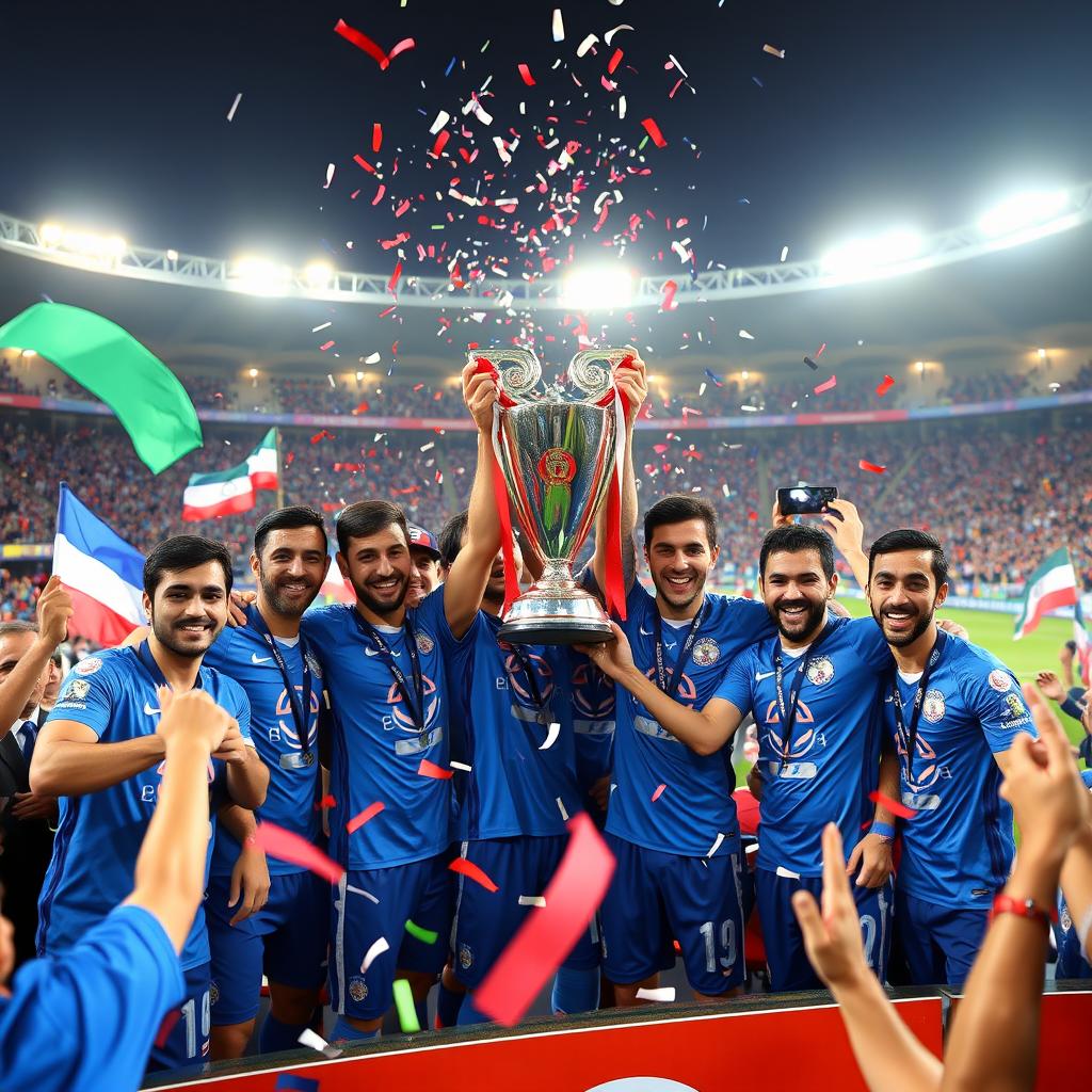 The Iranian football team Esteghlal FC celebrating their victory by lifting the AFC Champions League trophy in 2025