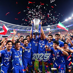 The Iranian football team Esteghlal FC celebrating their victory by lifting the AFC Champions League trophy in 2025