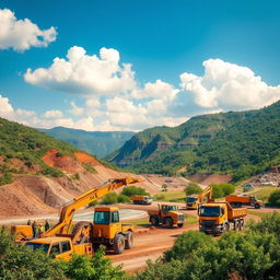 A vibrant, scenic landscape depicting a mining site, showcasing a variety of machinery such as excavators and trucks actively working
