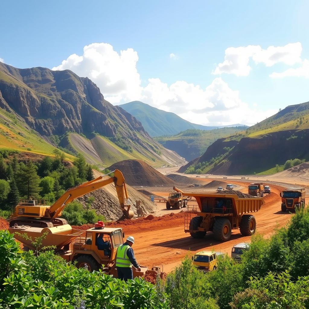 A vibrant, scenic landscape depicting a mining site, showcasing a variety of machinery such as excavators and trucks actively working