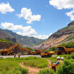 A vibrant, scenic landscape depicting a mining site, showcasing a variety of machinery such as excavators and trucks actively working