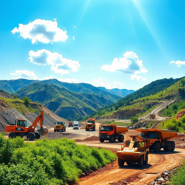 A vibrant, scenic landscape depicting a mining site, showcasing a variety of machinery such as excavators and trucks actively working