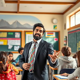A handsome, successful Iranian male teacher passionately teaching in a vibrant classroom