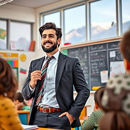 A handsome, successful Iranian male teacher passionately teaching in a vibrant classroom