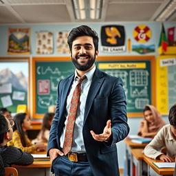 A handsome, successful Iranian male teacher passionately teaching in a vibrant classroom