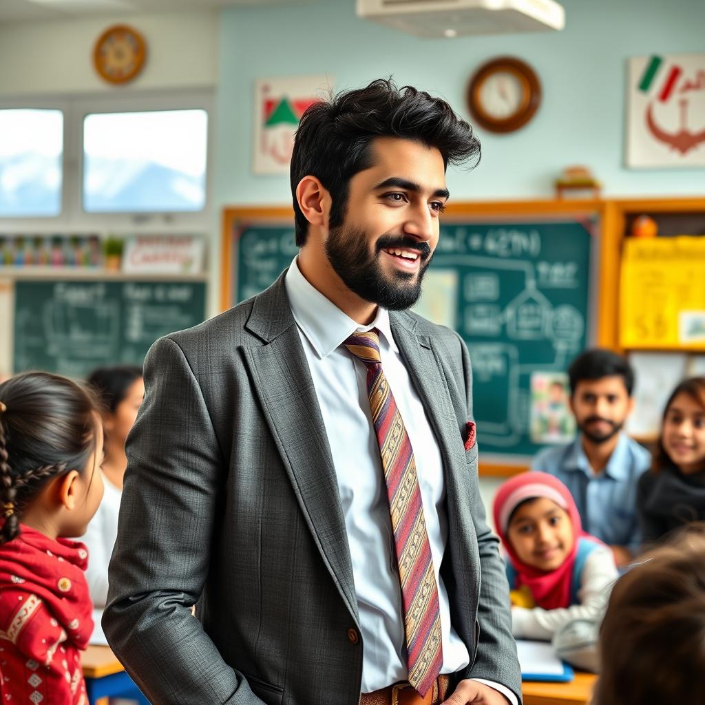 A handsome, successful Iranian male teacher passionately teaching in a vibrant classroom