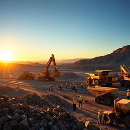 A dynamic scene depicting a mining operation for nickel, showcasing large excavators and trucks working in an open-pit mine