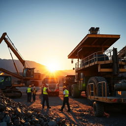 A dynamic scene depicting a mining operation for nickel, showcasing large excavators and trucks working in an open-pit mine