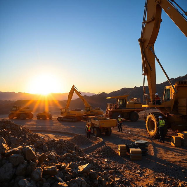 A dynamic scene depicting a mining operation for nickel, showcasing large excavators and trucks working in an open-pit mine