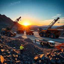A dynamic scene depicting a mining operation for nickel, showcasing large excavators and trucks working in an open-pit mine