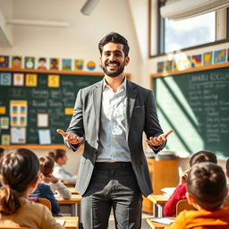 A handsome and successful Iranian male teacher standing in a modern classroom, passionately teaching students