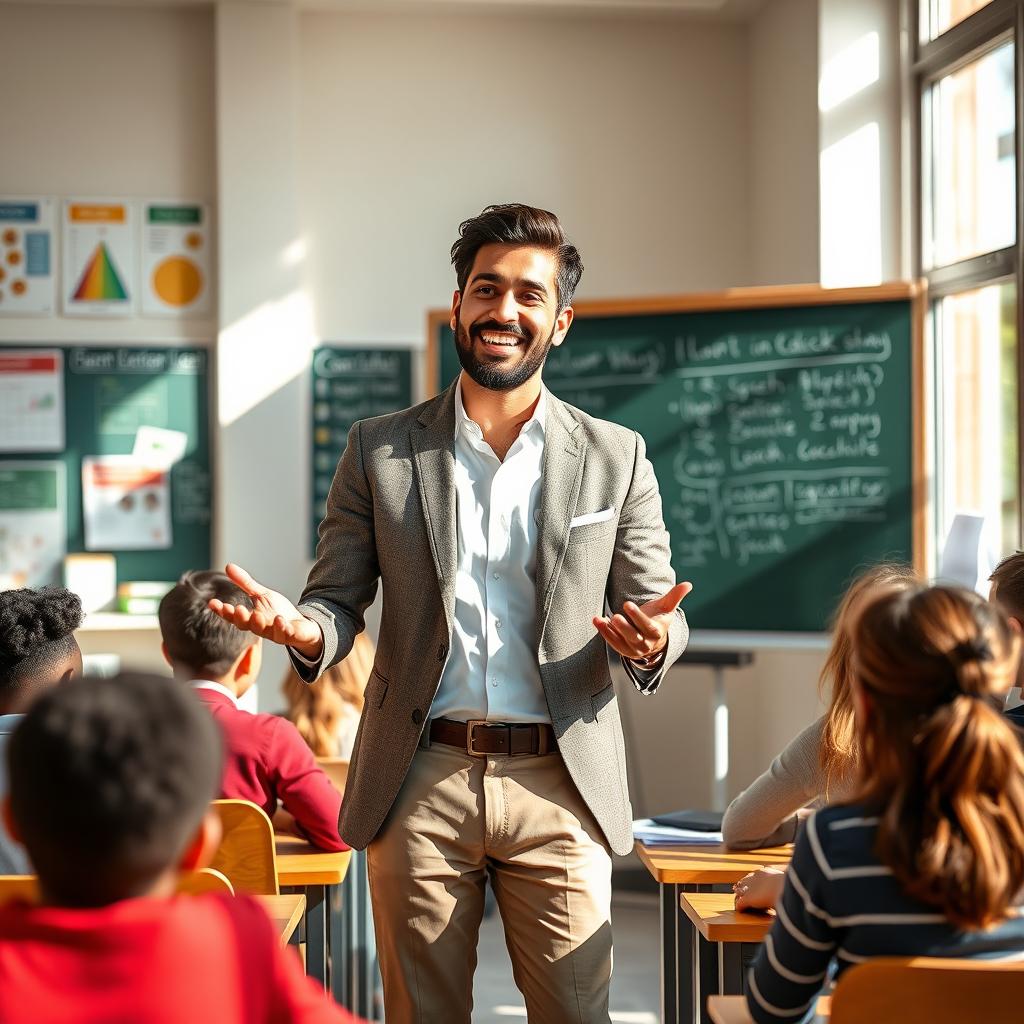 A handsome and successful Iranian male teacher standing in a modern classroom, passionately teaching students