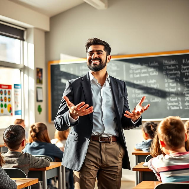 A handsome and successful Iranian male teacher standing in a modern classroom, passionately teaching students