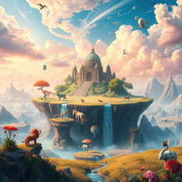An imaginative and whimsical portrayal of a flat Earth concept, featuring a surreal landscape with a vast, flat terrain under a vibrant sky filled with magical colors
