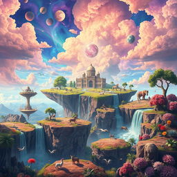 An imaginative and whimsical portrayal of a flat Earth concept, featuring a surreal landscape with a vast, flat terrain under a vibrant sky filled with magical colors