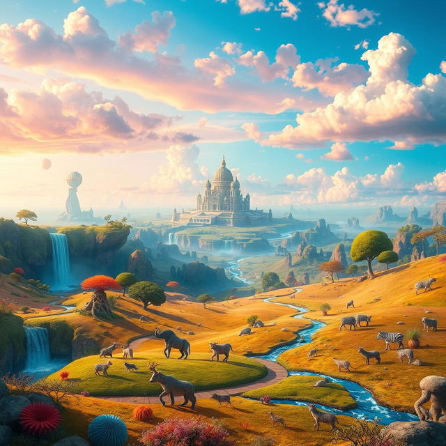 An imaginative and whimsical portrayal of a flat Earth concept, featuring a surreal landscape with a vast, flat terrain under a vibrant sky filled with magical colors