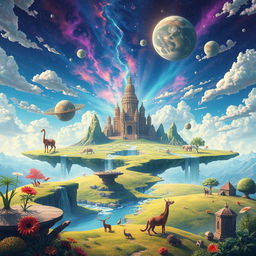 An imaginative and whimsical portrayal of a flat Earth concept, featuring a surreal landscape with a vast, flat terrain under a vibrant sky filled with magical colors