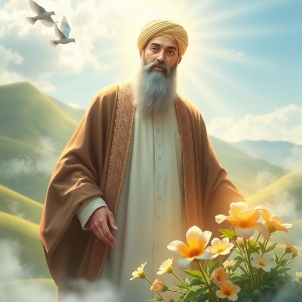 A radiant depiction of Imam Mahdi, the awaited savior in Islamic belief, surrounded by a lush oasis landscape